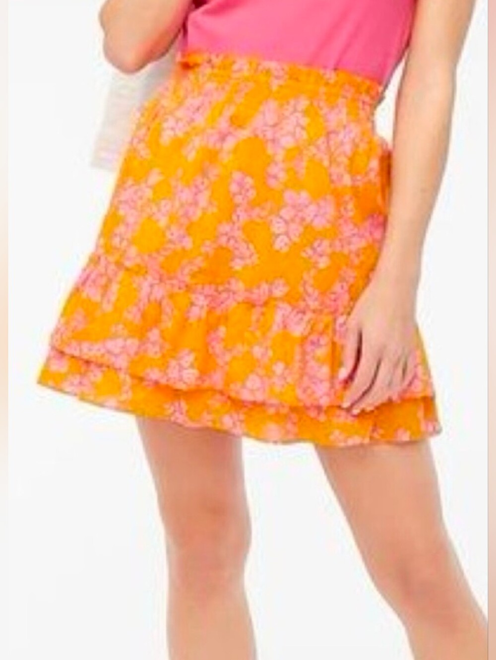 J CREW Orange Pink Floral Tiered Cotton Girly 18" Skirt Ruffle Re-imagined GUC M